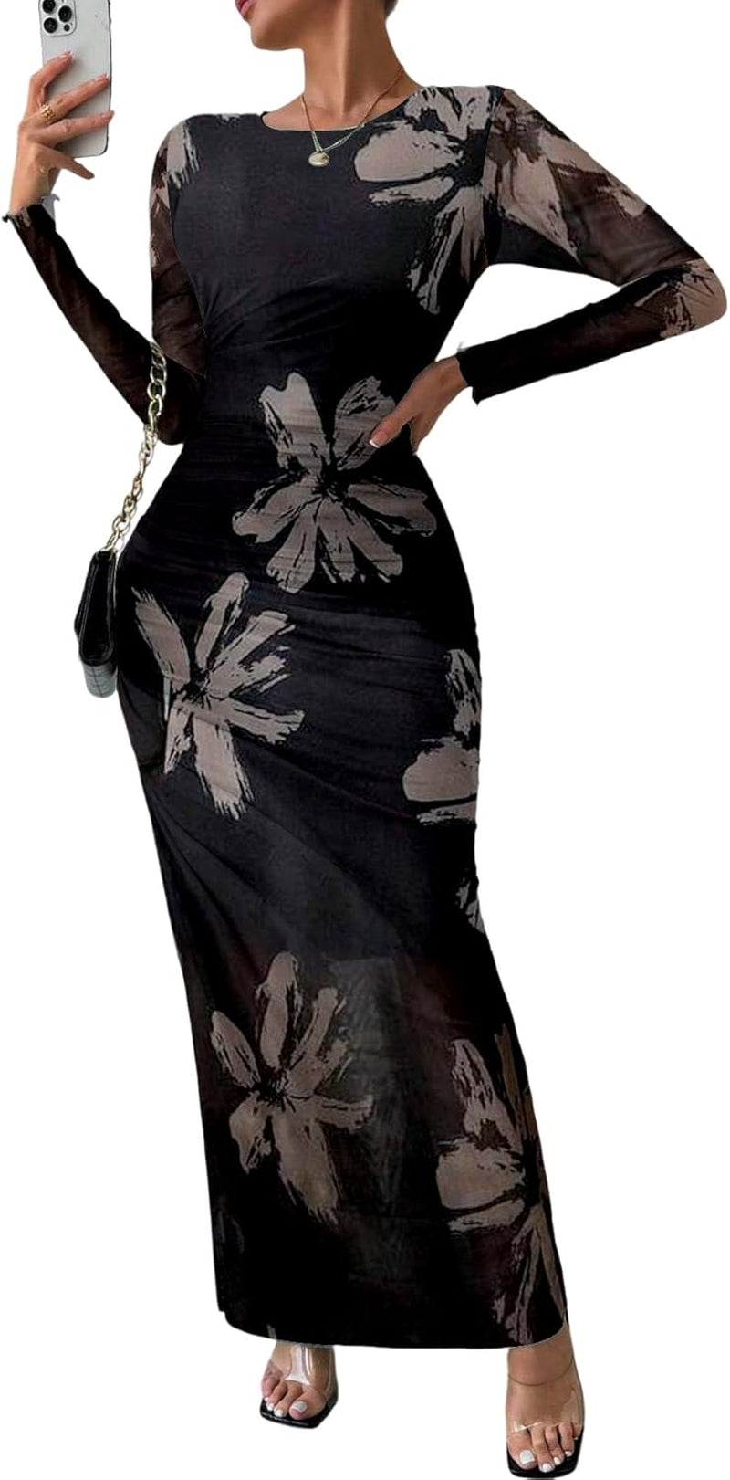 Women Long Sleeve Maxi Dress Bodycon Ruched Formal Slim Fit Tie Dye Dress Formal Mesh Dress