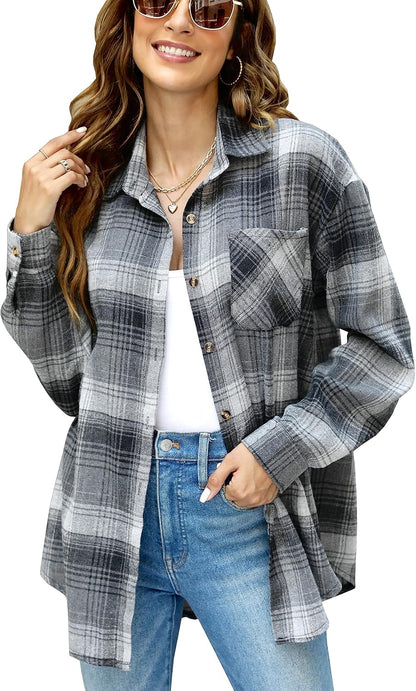Oversized Flannel Shirt Women Long Sleeve Plaid Button Buffalo Shirt Blouse Tops with One Pocket