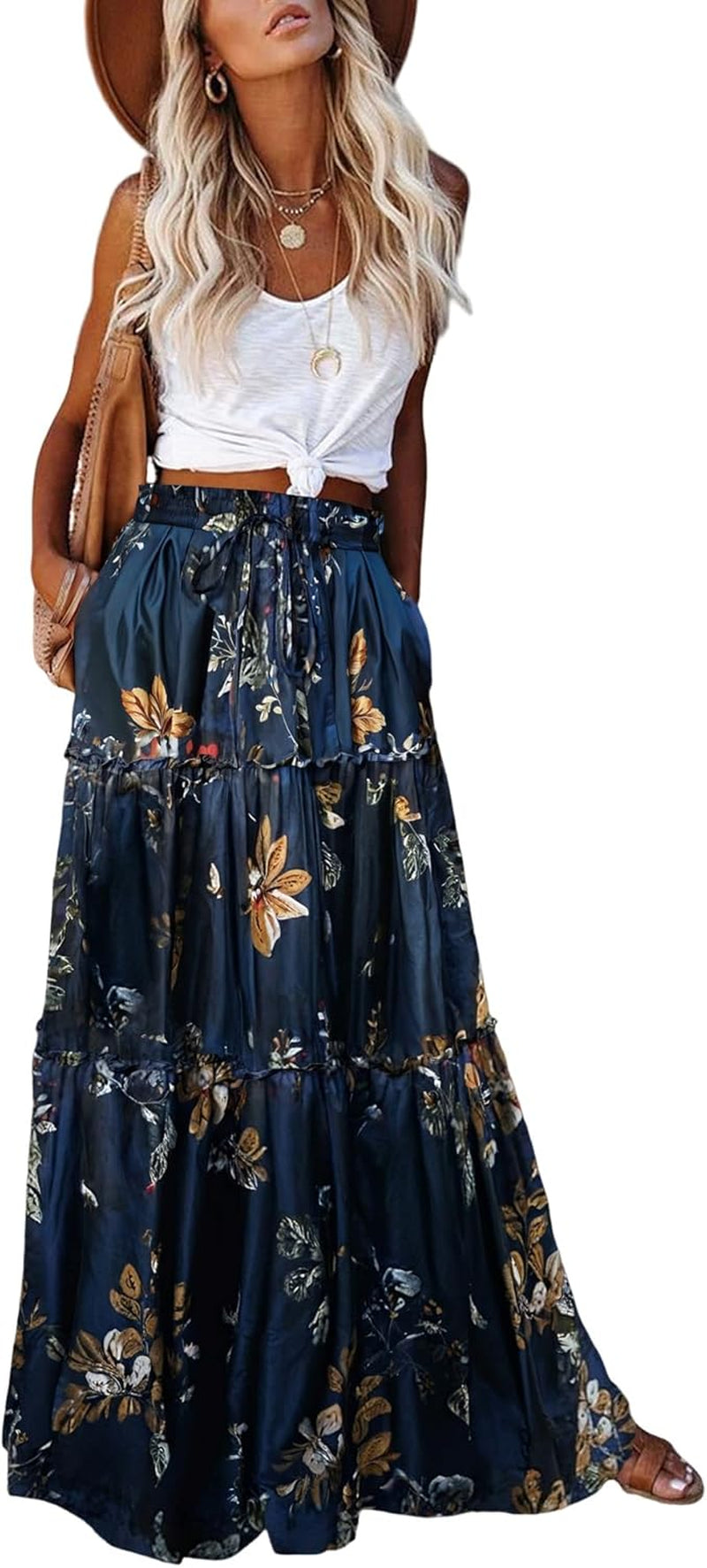 Womens Boho Maxi Skirt 2026 Summer Cruise Casual High Waist Tie Flowy Long Skirt with Pockets for Beach Vacation