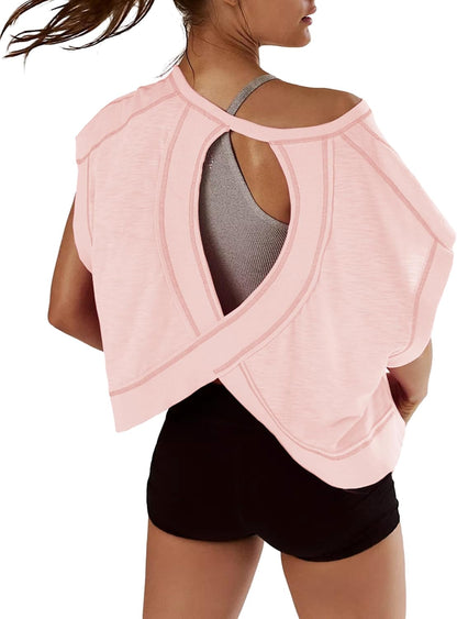 Women Short Sleeve Workout Shirts Open Back Tops Casual Yoga Y2K Athletic Gym Slouchy Crop Running Tees