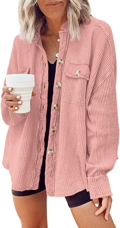 Shackets for Women 2025 Waffle Knit Tops Long Sleeve Button down Shirt Fall Jackets Outfits Corduroy Jacket
