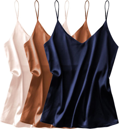 3 Pack: Womens Silk Satin Tank Top V Neck Camisole Cami Spaghetti Strap Top Loose Sleeveless Blouses Tank Shirt
