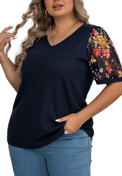 plus Size Tops for Women Summer Blouse Waffle Knit Short Lace Sleeve Shirts