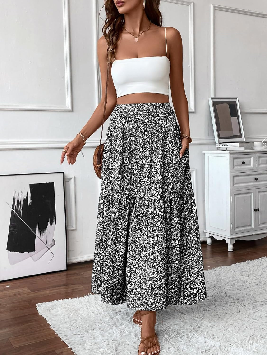 Women'S Smocked High Waist Maxi Skirt Casual Boho Long Skirts with Pockets