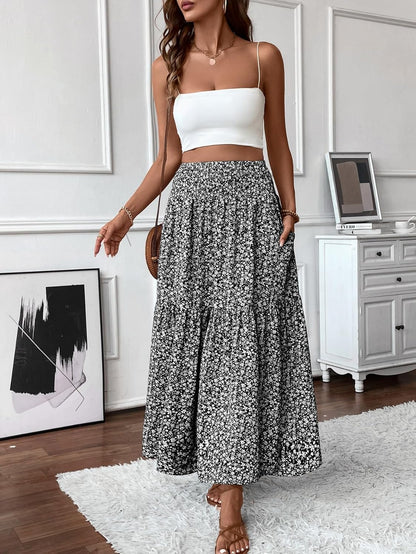 Women'S Smocked High Waist Maxi Skirt Casual Boho Long Skirts with Pockets