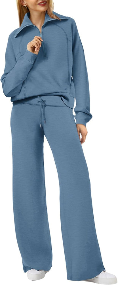 Lounge Sets for Women 2025 Half Zip Sweatshirt and Wide Leg Sweatpant 2 Piece Outfits Sweatsuit Tracksuit