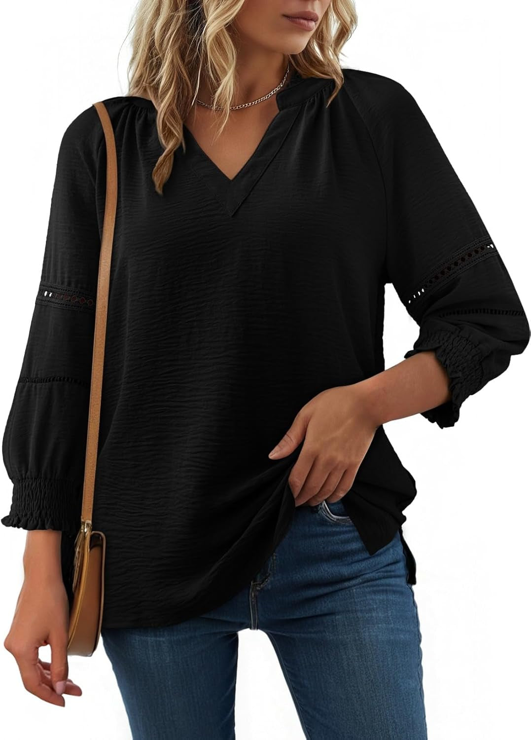 Womens 3/4 Sleeve Tops Pleated Business Casual Outifits V Neck Blouses Office Loose Shirts