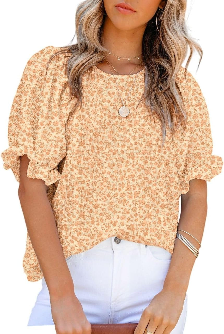 Floral Print Blouses for Women Crewneck Smocked Puff Sleeve Shirts Casual Babydoll Tops