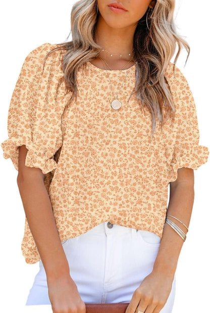 Floral Print Blouses for Women Crewneck Smocked Puff Sleeve Shirts Casual Babydoll Tops