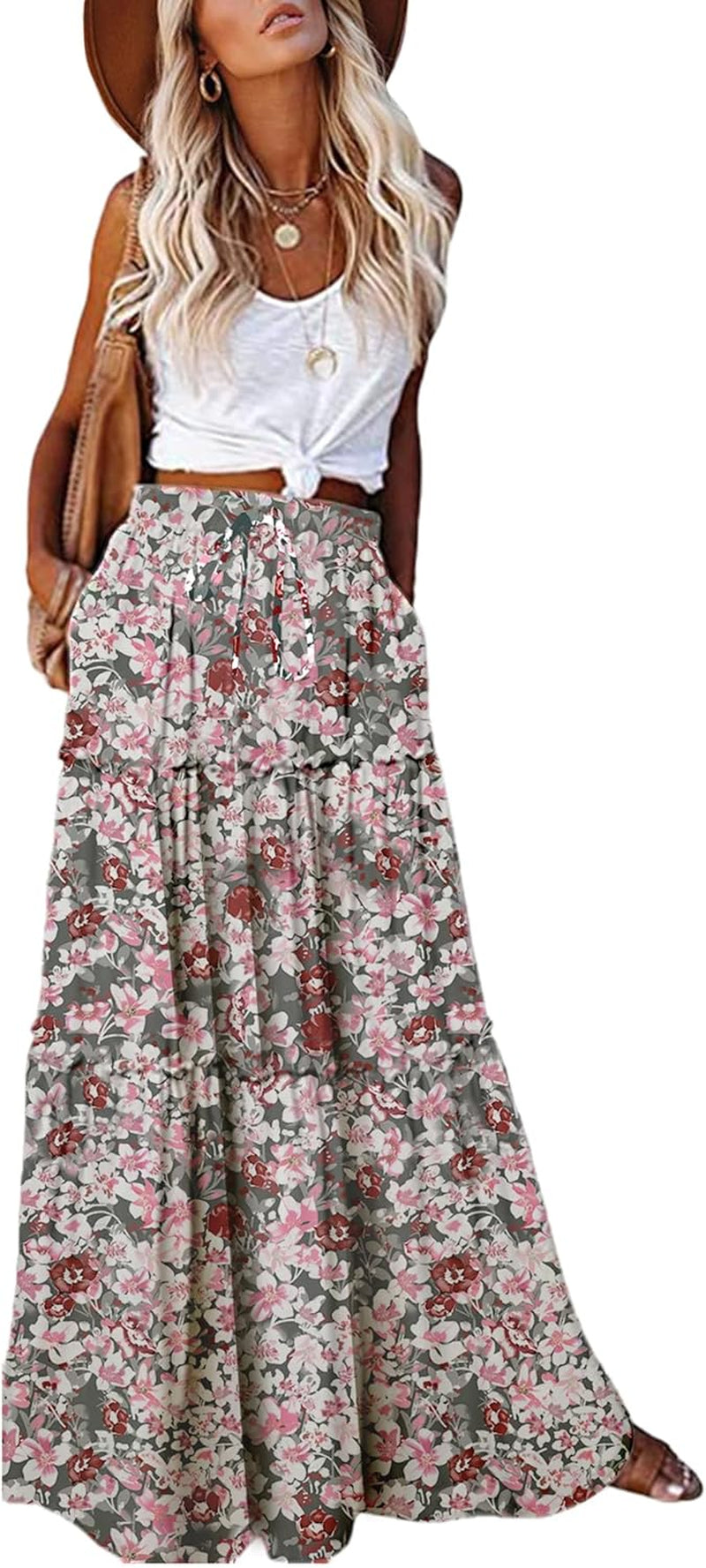 Womens Boho Maxi Skirt 2026 Summer Cruise Casual High Waist Tie Flowy Long Skirt with Pockets for Beach Vacation