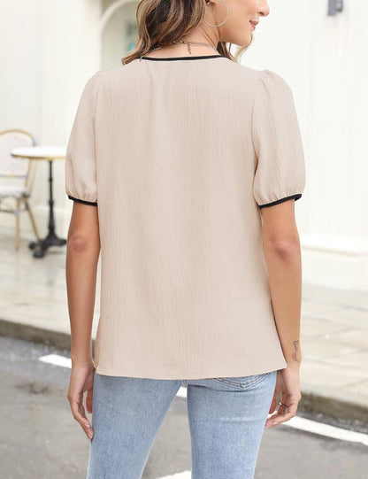 Womens Dressy Casual Shirt Summer Work Blouses Tie Front Puff Short Sleeve Tops