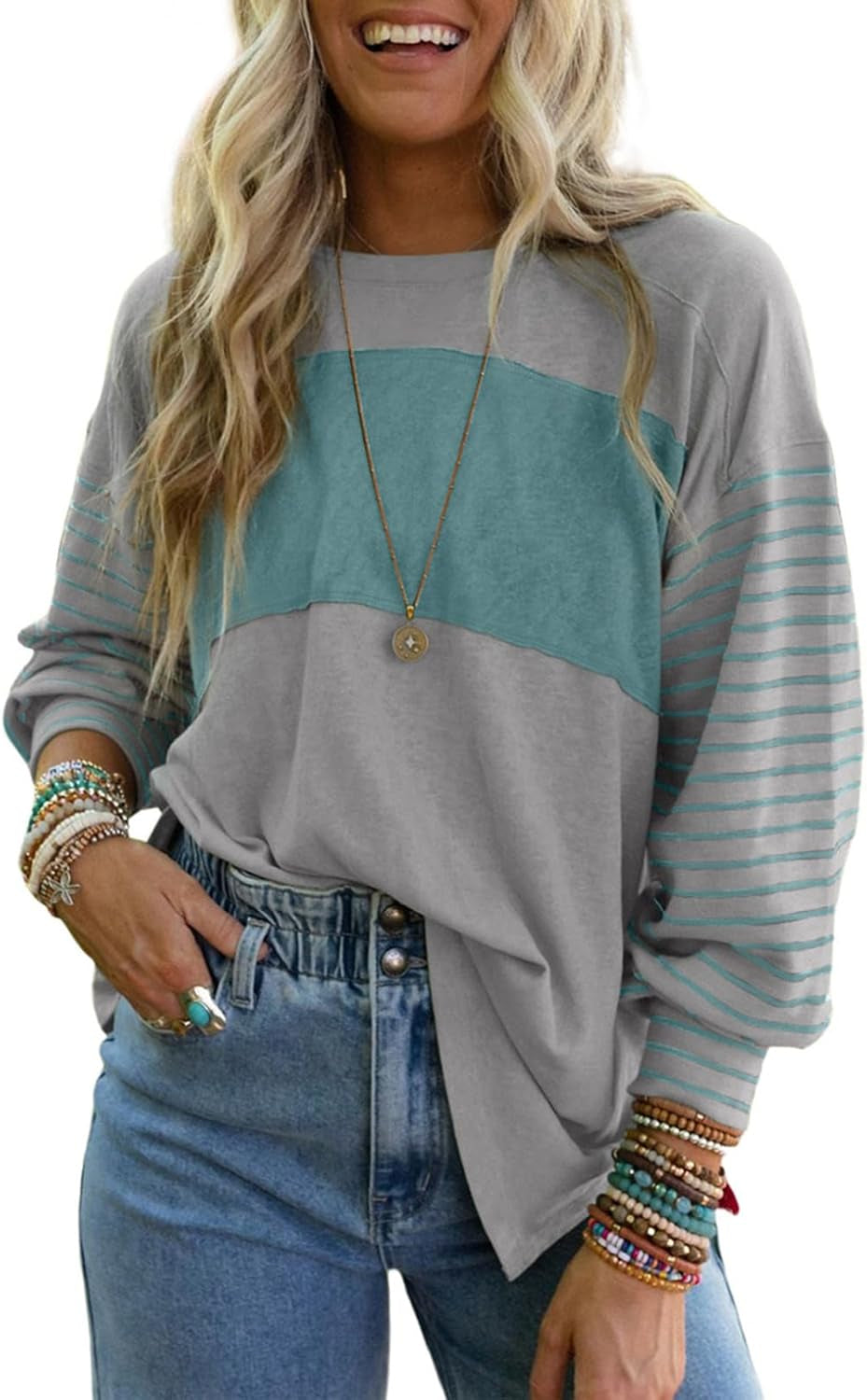Long Sleeve Tops Oversized 2025 Trendy round Crew Neck Casual Color Block Womens Shirts Blouses
