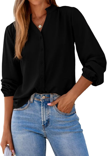 Womens Tops Blouses for Women Dressy Casual Button down Shirts V Neck Long Sleeve Shirts Business Work Blouses