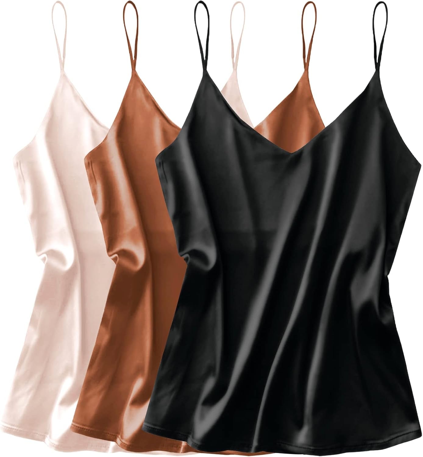 3 Pack: Womens Silk Satin Tank Top V Neck Camisole Cami Spaghetti Strap Top Loose Sleeveless Blouses Tank Shirt