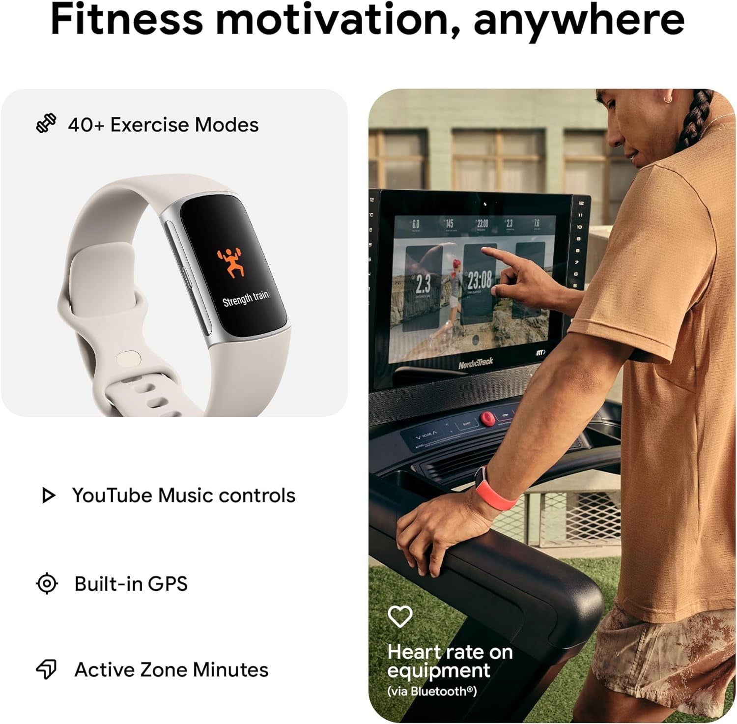 Charge 6 Fitness Tracker with Google Apps, Heart Rate on Exercise Equipment, 6-Months Premium Membership Included, GPS, Health Tools and More, Porcelain/Silver, One Size (S & L Bands Included)
