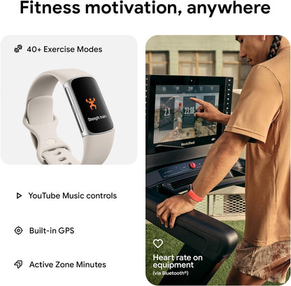 Charge 6 Fitness Tracker with Google Apps, Heart Rate on Exercise Equipment, 6-Months Premium Membership Included, GPS, Health Tools and More, Porcelain/Silver, One Size (S & L Bands Included)