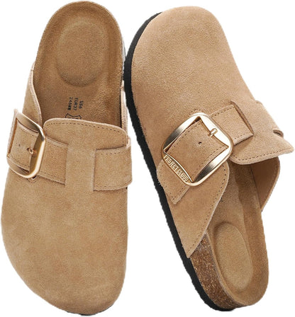 100% Genuine Leather Clogs for Women Shoes - Memory Foam Insole, Non-Slip & Natural Cork Footbed Arch Support Big Buckle Womens Clogs and Mules Footwear (Manchester)