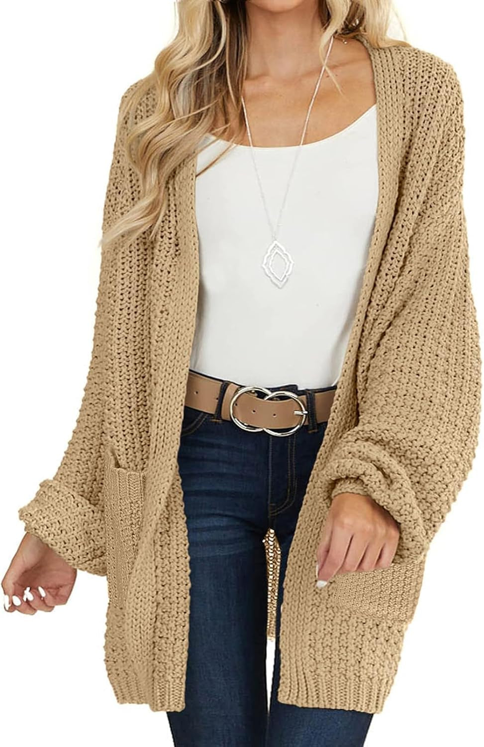 Women'S 2025 Fall Open Front Chunky Knit Sweater Oversized Lantern Sleeve Cardigan Outwear