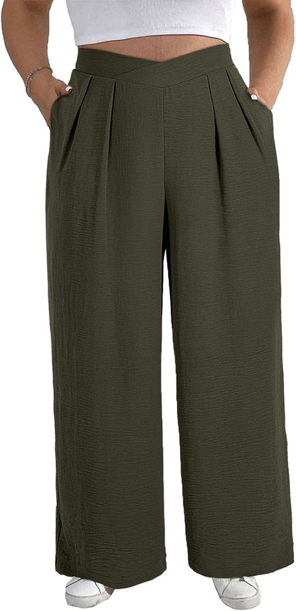 Womens plus Size Wide Leg Pants Crossover Waist Pleated Front Casual Work Pants Lounge Trouser with Pockets(1X-5X)