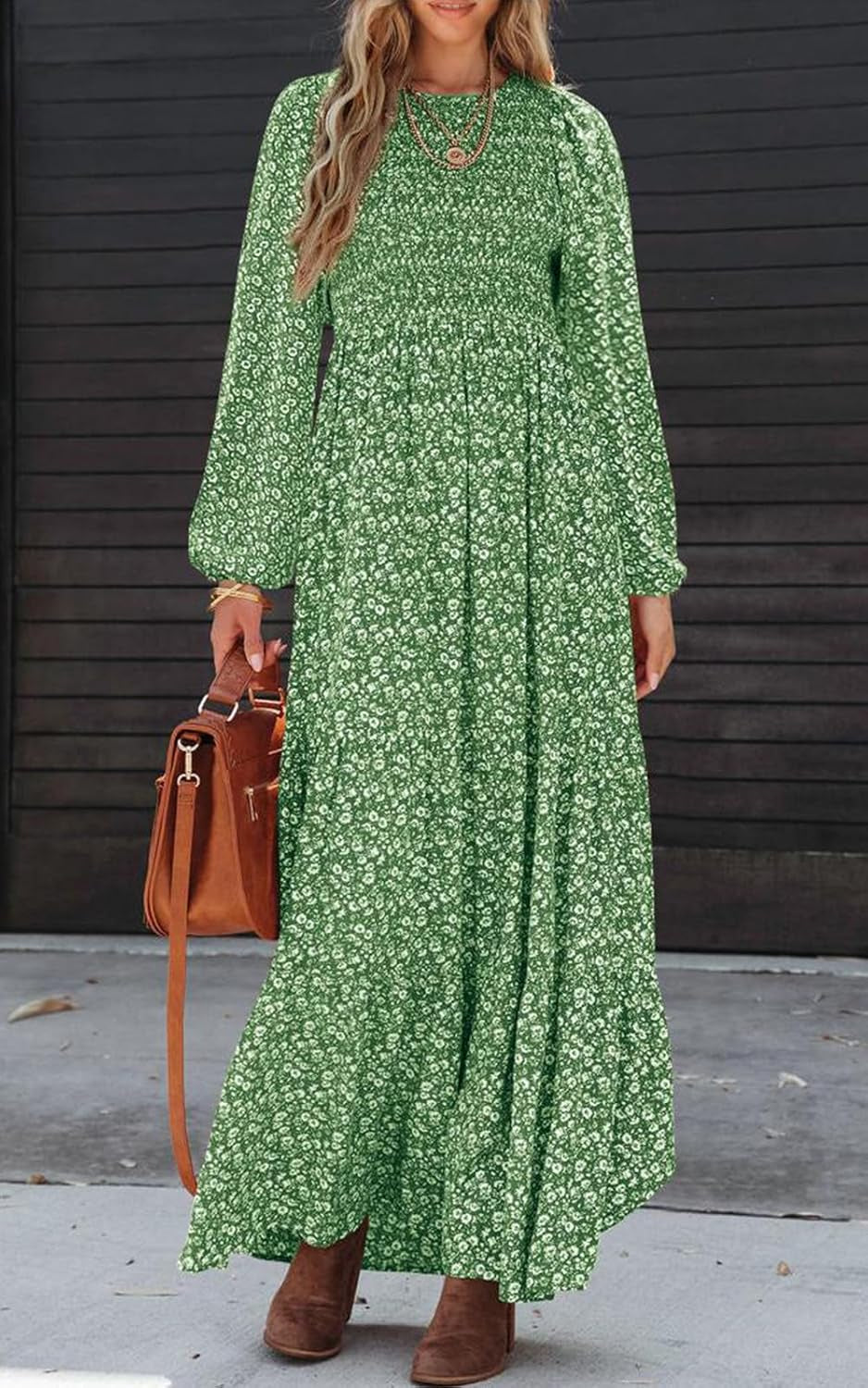 Women'S Spring Dresses 2026 Long Sleeve Flowy Casual Floral Maxi Dress Crew Neck Smocked Tiered Long Dress