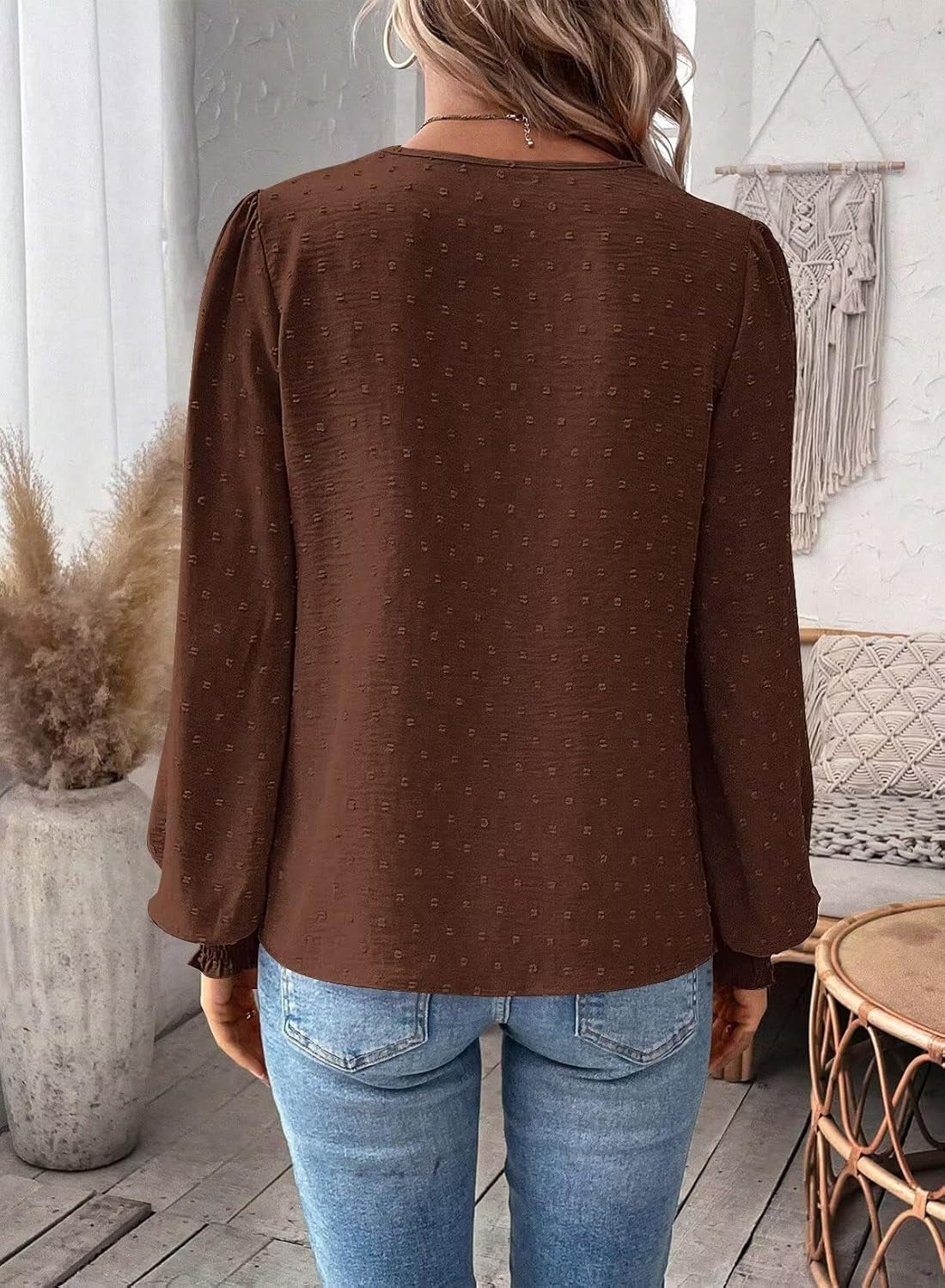 Womens Tops Swiss Dot Boho Long Sleeve Shirts V Neck Casual Chiffon Blouses Flowy Lace Hem Cute Clothing Trendy 2025