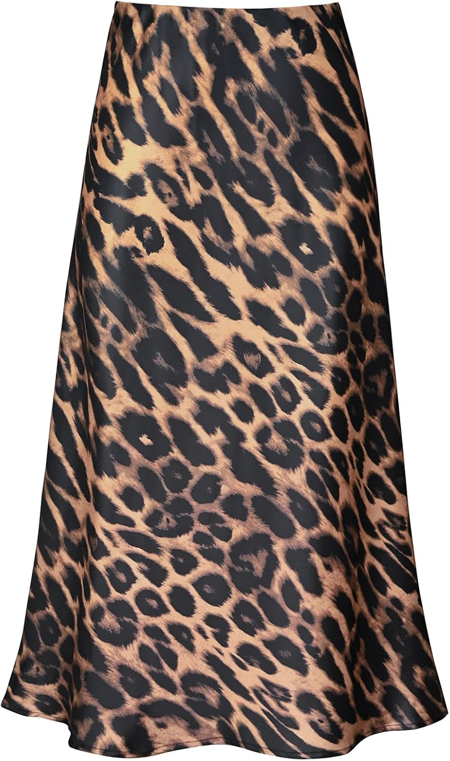 Women'S Satin High Waist Hidden Elasticized Waistband Flared Casual a Line Midi Skirt