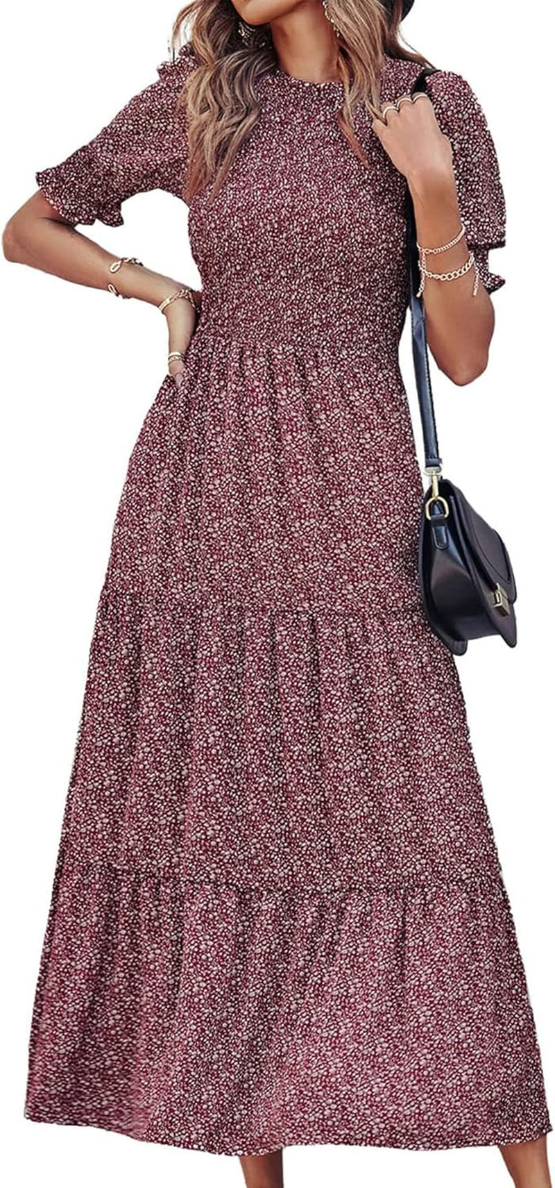 Women Casual Summer Dresses 2026 Spring Crew Neck Ruffle Short Sleeve Smocked Floral Boho Flowy Maxi Dress Clothes