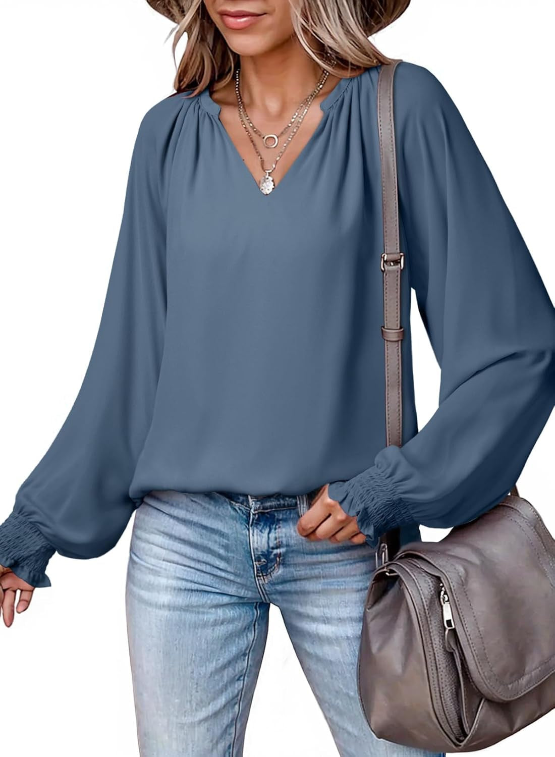 Womens Blouses Dressy Casual Flowy Boho Tops V Neck Long Sleeve Shirts