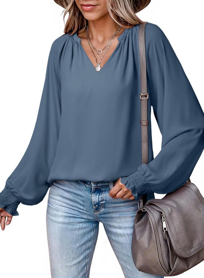 Womens Blouses Dressy Casual Flowy Boho Tops V Neck Long Sleeve Shirts