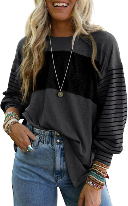 Long Sleeve Tops Oversized 2025 Trendy round Crew Neck Casual Color Block Womens Shirts Blouses