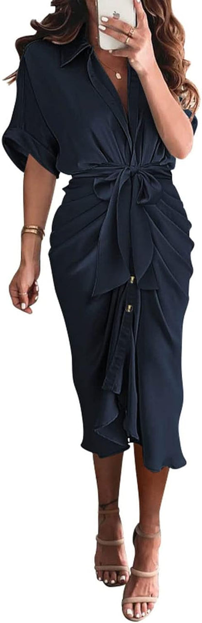 Shirt Dresses for Women Button down Short Sleeve Satin Ruched Maxi Spring Dress 2026 Cocktail Party Wedding Guest