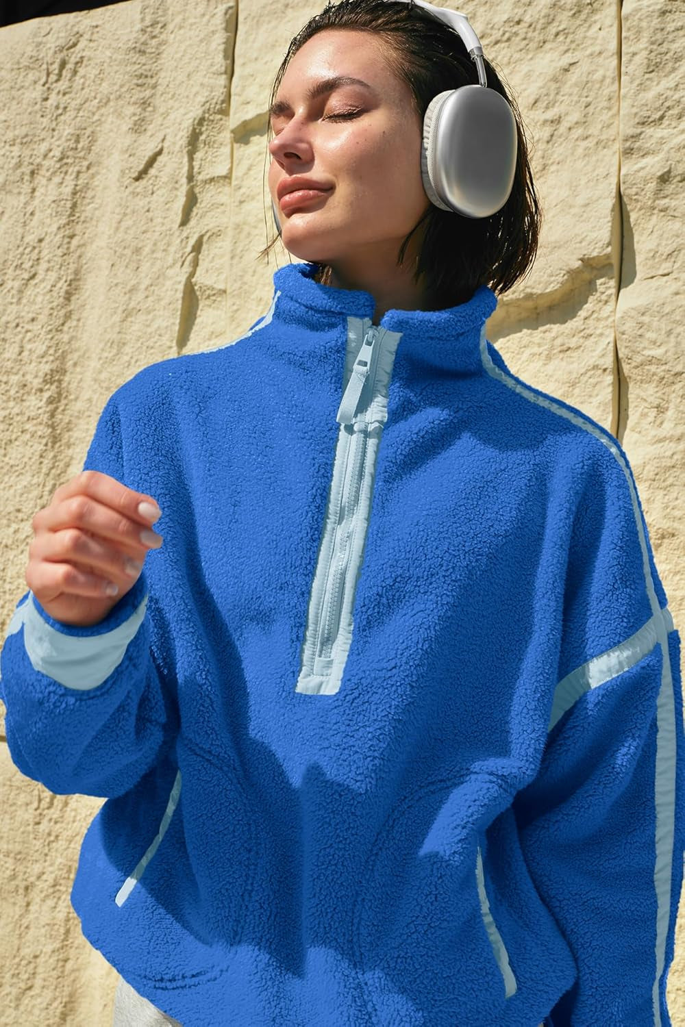 Womens Half Zip Sherpa Fleece Pullover Soft Oversized Sweatshirt with Pockets Warm Fuzzy Sweater