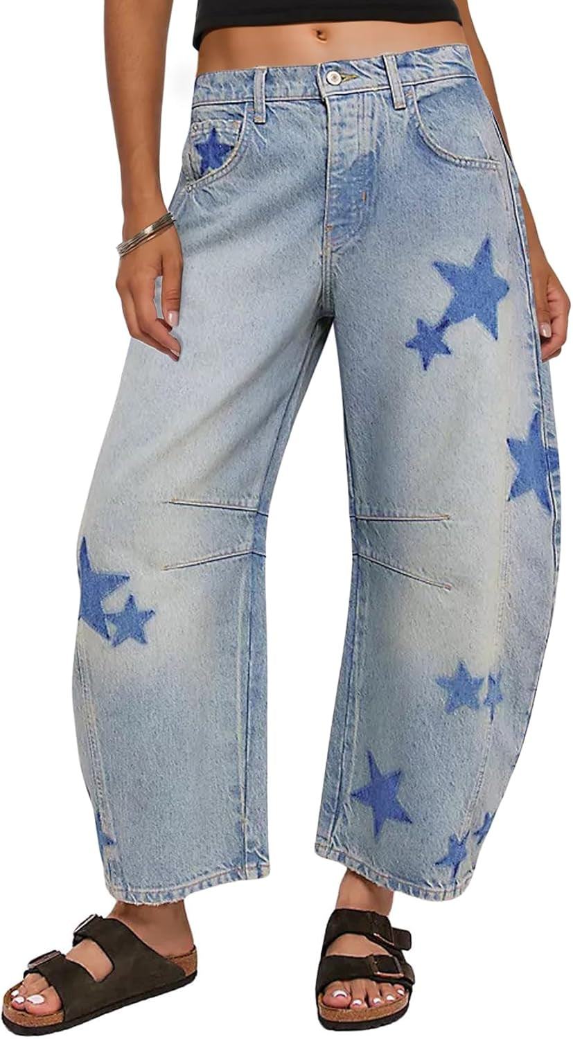 Y2K Barrel Jeans Women Wide Leg Baggy Distressed Printed Boyfriend Horseshoe Denim Pants