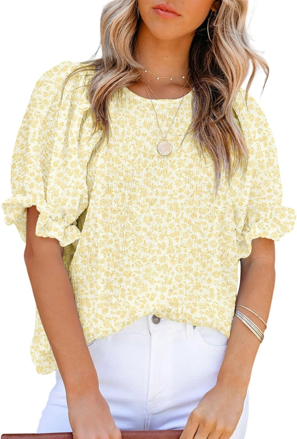 Floral Print Blouses for Women Crewneck Smocked Puff Sleeve Shirts Casual Babydoll Tops